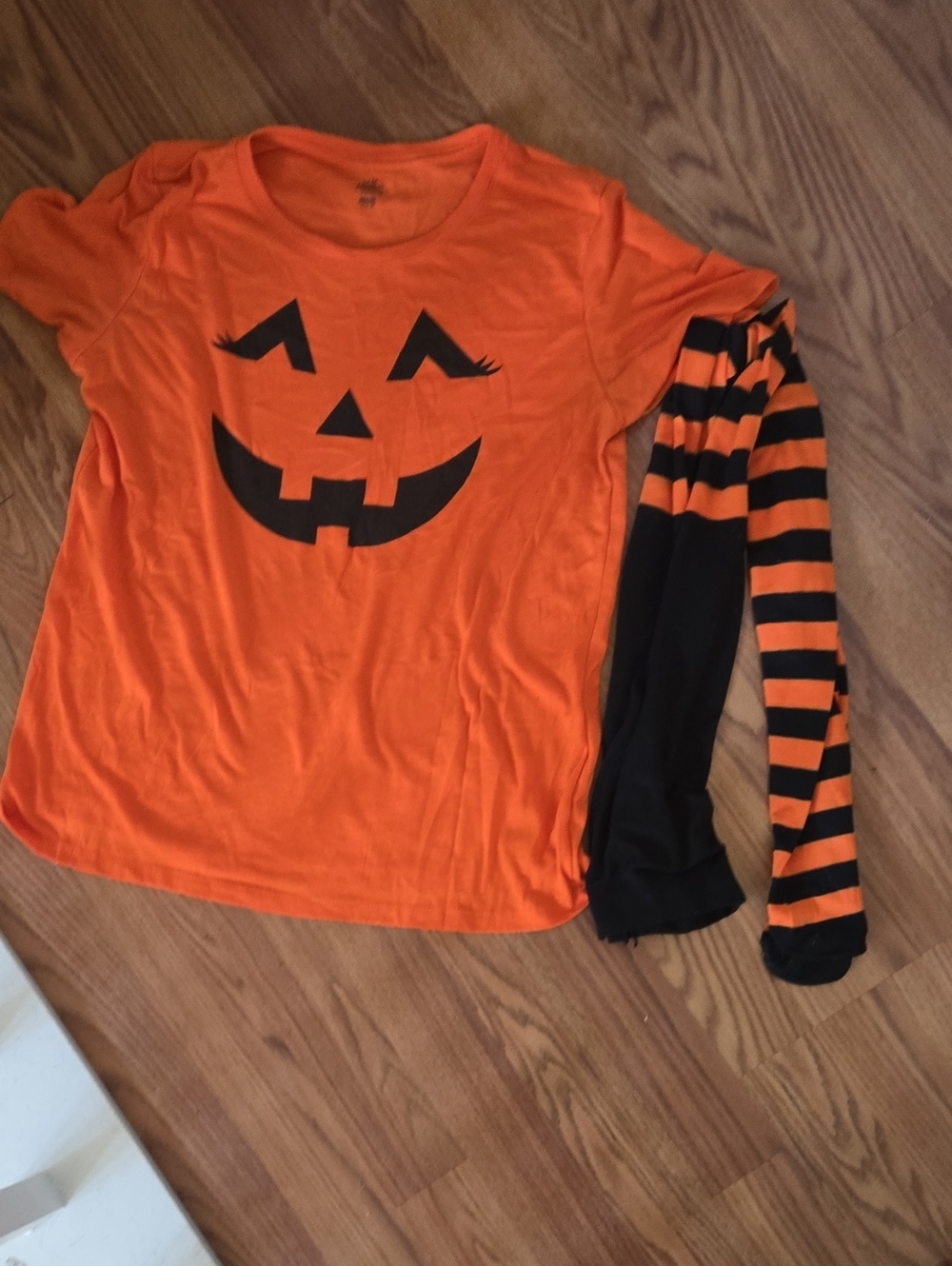 Orange Pumpkin Face Halloween Costume Shirt with Striped Tights